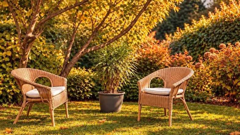 Gemütlicher Gartenbereich mit Korbstühlen und herbstlicher Laubfärbung unter Bäumen.