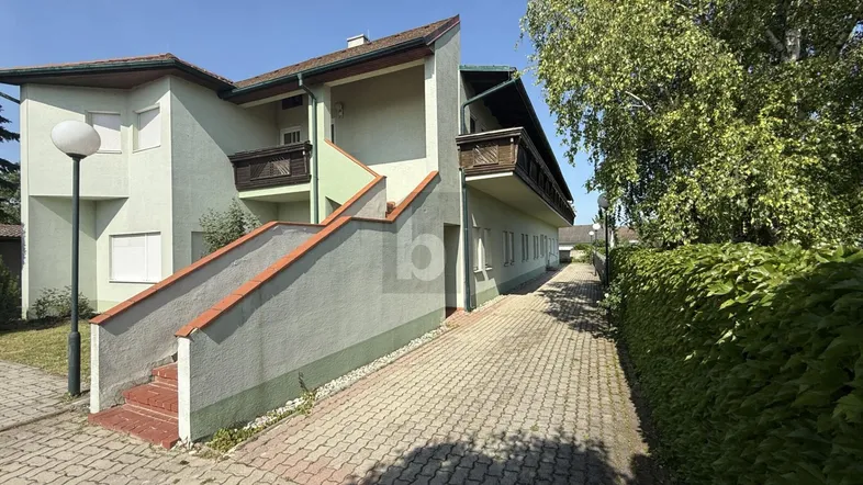 Mehrfamilienhaus mit grüner Fassade, Außentreppe und Balkonen, umgeben von Bäumen und Hecken.