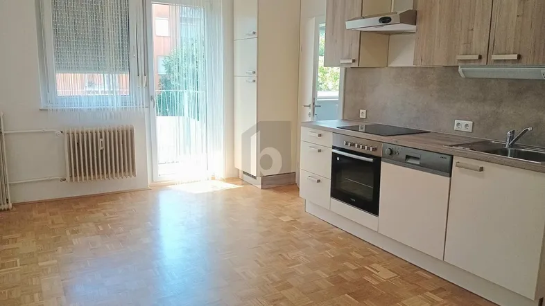 Heller offener Wohnbereich mit integrierter Küche, Parkettboden und Zugang zum Balkon.