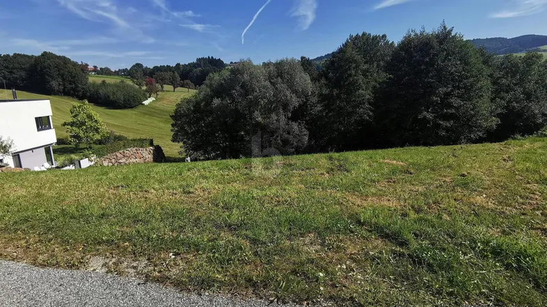 Weitläufige grüne Landschaft mit sanften Hügeln und einem modernen Haus am Rand.
