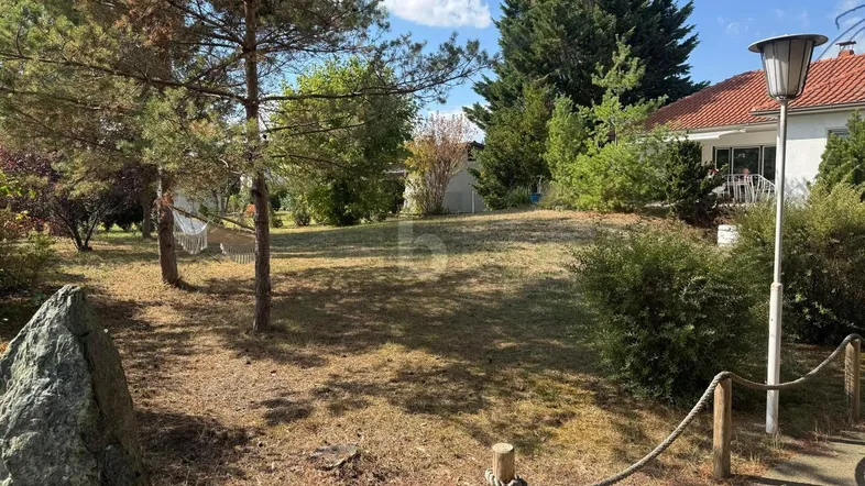 Großer Garten mit Rasenfläche, Bäumen und Blick auf das Wohnhaus im Hintergrund.