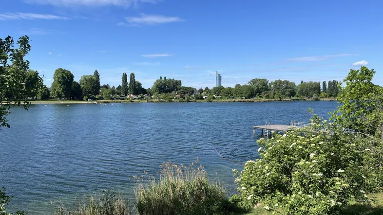 Weiter Blick über einen See mit grünen Ufern und einem Gebäude in der Ferne unter blauem Himmel.