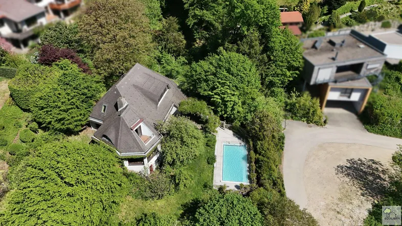 Luftaufnahme eines Hauses mit privatem Pool, umgeben von üppigem Grün und Bäumen.