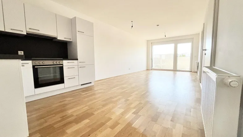 Heller offener Wohnbereich mit integrierter Küche, Parkettboden und Zugang zum Balkon.