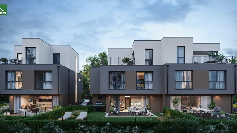Moderne Reihenhäuser mit privaten Gärten und Dachterrassen in einer ruhigen Wohngegend dargestellt.
