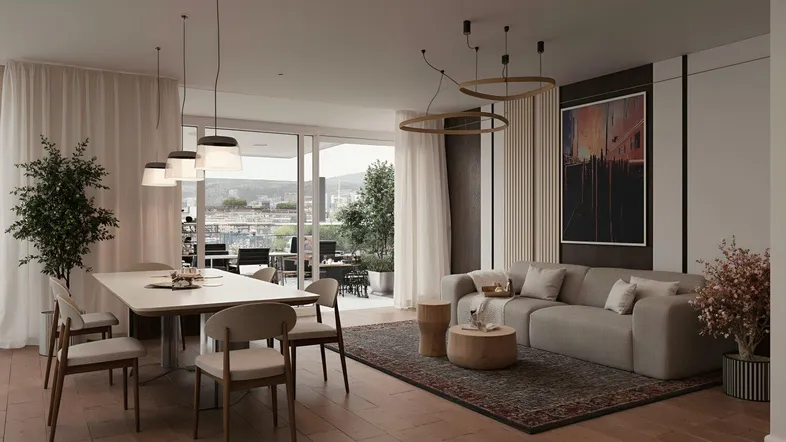Heller, offener Wohn- und Essbereich mit modernem Design und direktem Zugang zu einer Terrasse.