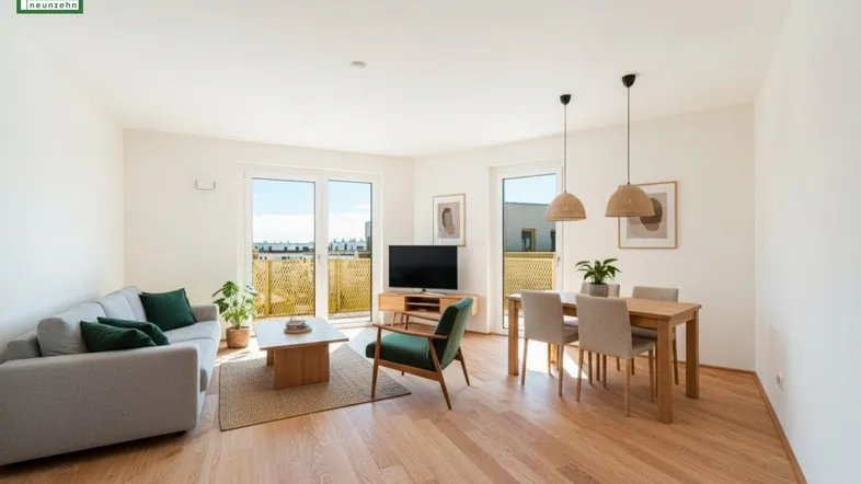 Helles, modern eingerichtetes Wohn- und Esszimmer mit Holzboden und Zugang zu einem Balkon.
