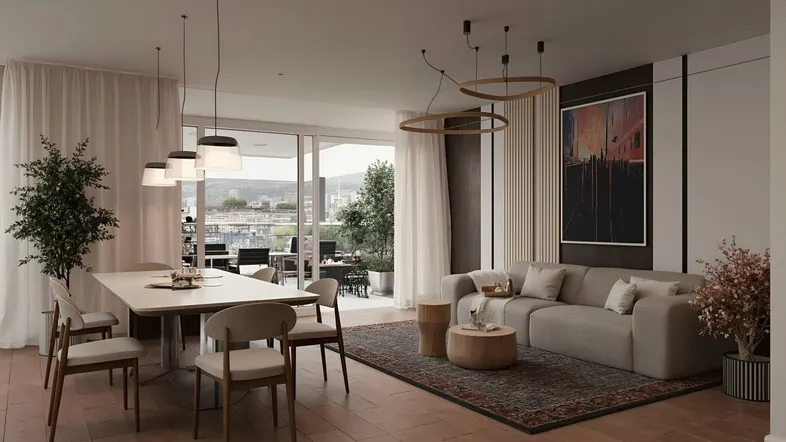 Heller, offener Wohn-Essbereich mit modernem Design, Holzboden und Zugang zu einem Balkon mit Weitblick.