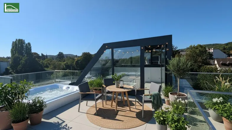 Große Dachterrasse mit Whirlpool, Sitzbereich und weitem Blick über die grüne Umgebung.