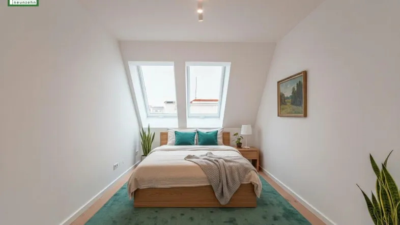 Helles Schlafzimmer im Dachgeschoss mit gemütlichem Bett und zwei großen Dachfenstern.