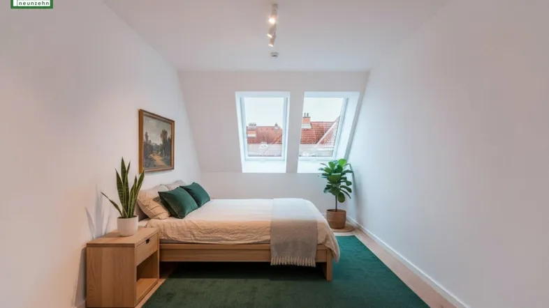 Helles Schlafzimmer im Dachgeschoss mit schrägen Wänden und zwei Dachfenstern.