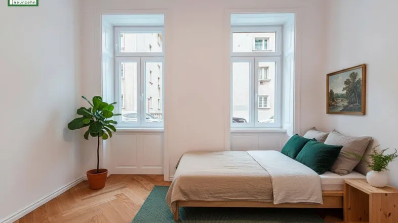 Helles Schlafzimmer mit Fischgrätparkett, großen Fenstern und minimalistischer Einrichtung.