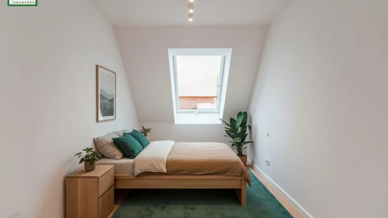 Helles Schlafzimmer im Dachgeschoss mit Holzbett, Dachfenster und schrägen Wänden.