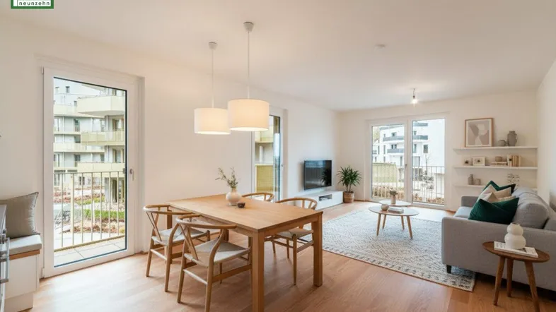 Helles Wohn- und Esszimmer mit Holzboden, modernen Möbeln und Zugang zu zwei Balkonen.
