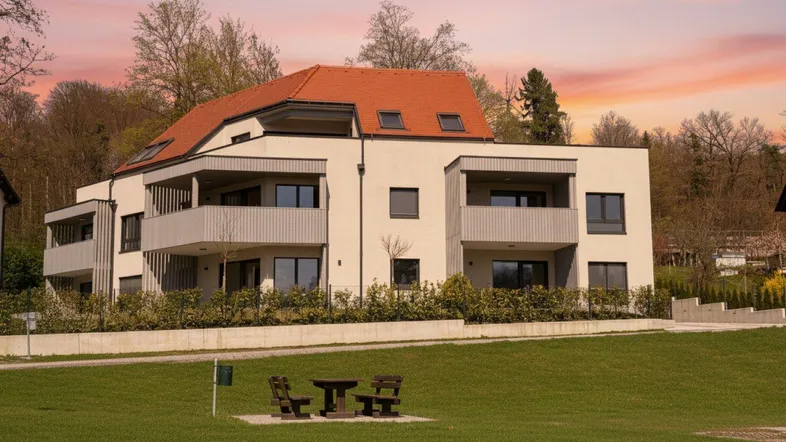 Modernes Mehrfamilienhaus mit Balkonen und gepflegter Grünfläche bei Sonnenuntergang.