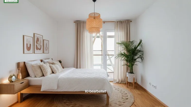 Helles Schlafzimmer mit Holzboden, modernem Bett und Zugang zu einem Balkon.