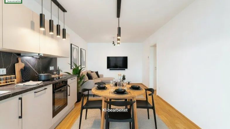 Virtuell inszenierter Wohn-Essbereich mit moderner Küche und stilvoller Einrichtung.