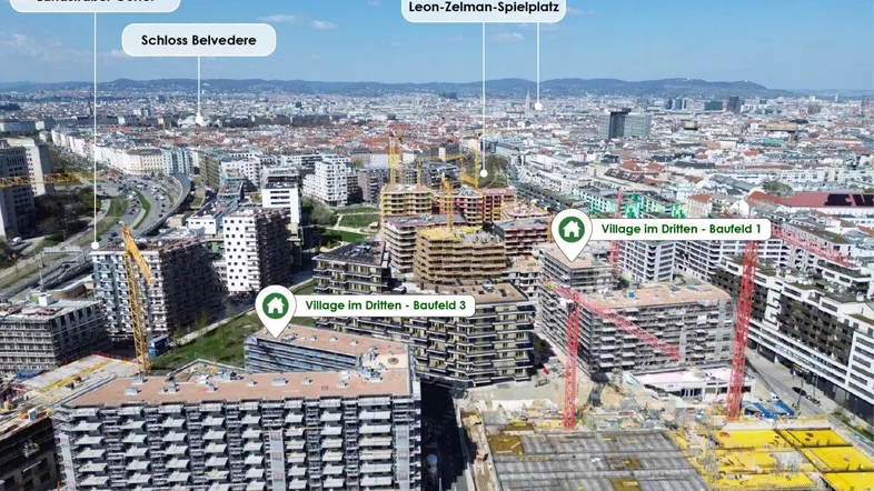 Luftaufnahme der Stadt mit Baustellen und markanten Orientierungspunkten wie Schloss Belvedere.