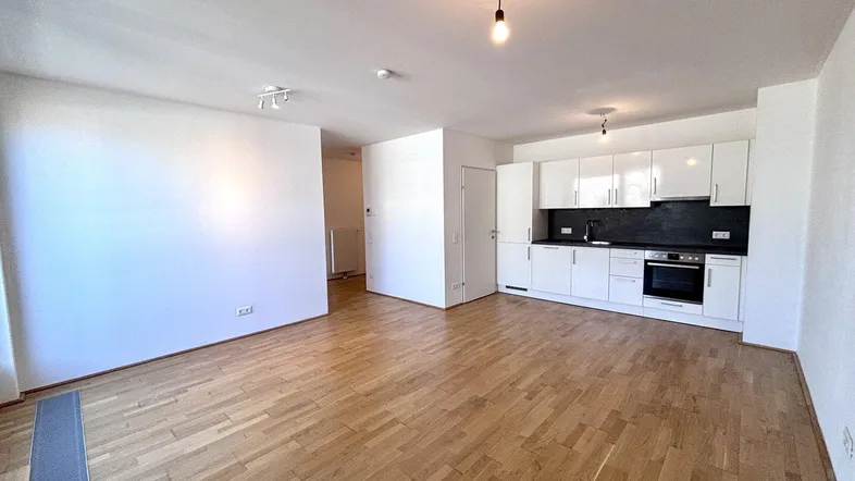 Heller offener Wohnbereich mit integrierter moderner Küche und Parkettboden, ideal für geselliges Beisammensein.