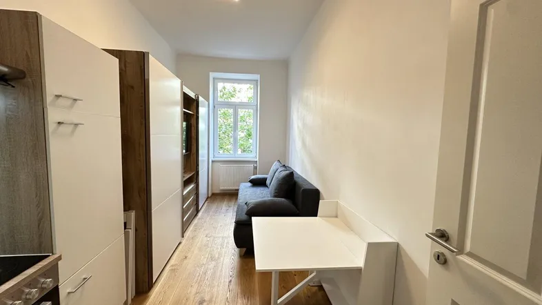 Helles Studio-Apartment mit Schlafsofa, Esstisch und integrierter Küchenzeile.