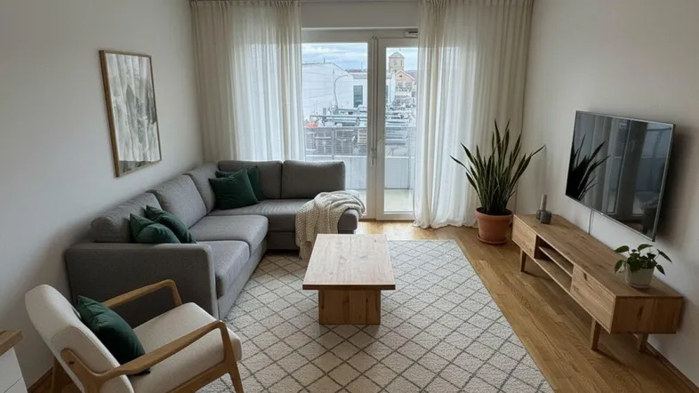Helles Wohnzimmer mit grauem Ecksofa, Holztisch und Zugang zum Balkon mit Stadtblick.