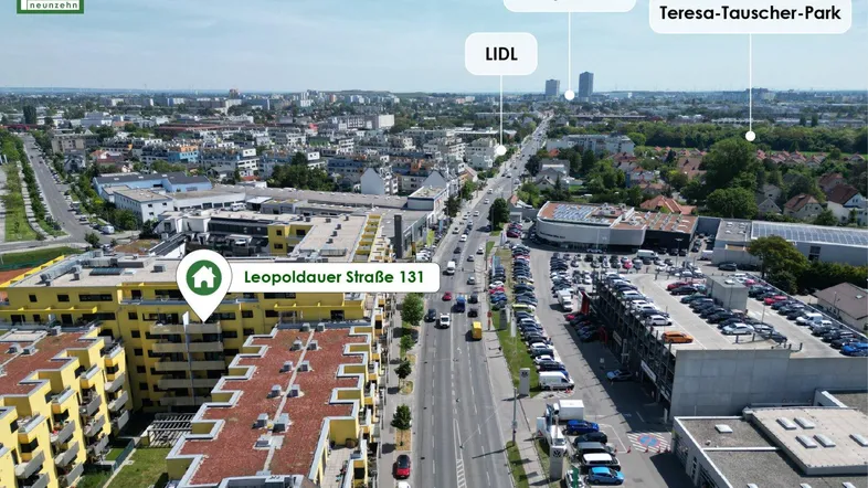 Luftaufnahme der Umgebung mit markiertem Gebäude und wichtigen Orientierungspunkten.