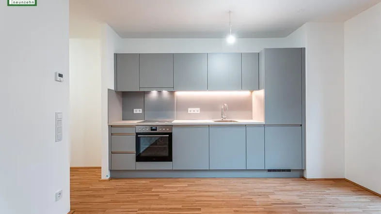 Moderne Einbauküche in Grau mit Holzboden und integrierten Geräten, bereit zur Nutzung.