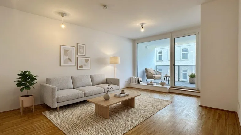Helles, modern eingerichtetes Wohnzimmer mit Holzboden, großem Fenster und Zugang zu einem Balkon.