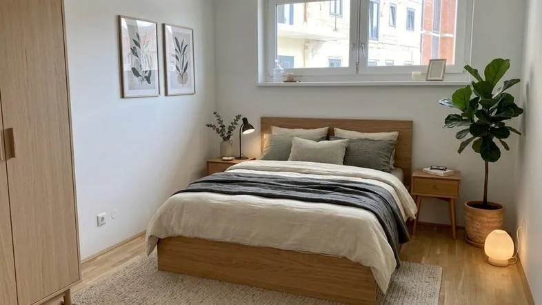 Helles Schlafzimmer mit modernem Holzbett, Nachttischen und einem großen Fenster mit Blick nach draußen.
