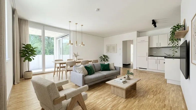 KI-bearbeiteter offener Wohn-Essbereich mit integrierter Küche, hellem Parkettboden und Zugang zum Balkon.