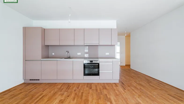 Moderne Einbauküche in hellem Roséton mit integriertem Backofen und Holzboden in einem offenen Wohnbereich.