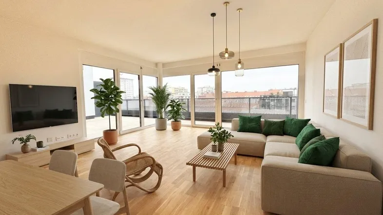 Helles, modern eingerichtetes Wohn-Esszimmer mit Holzboden, großen Fenstern und Zugang zur Terrasse.