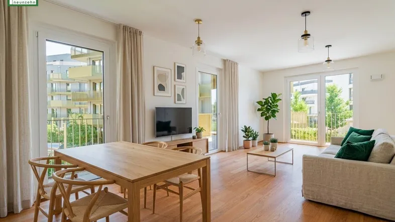 Helles, modern eingerichtetes Wohn-Esszimmer mit Holzboden, Balkonzugang und Blick auf die Umgebung.