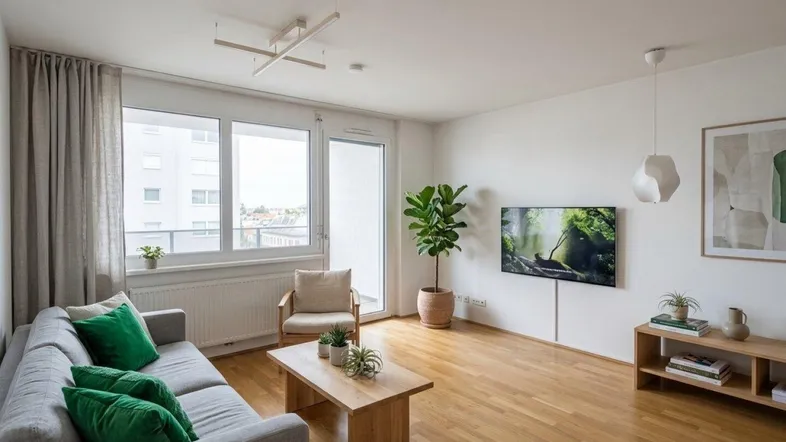 Helles Wohnzimmer mit Holzboden, modernen Möbeln und Zugang zu einem Balkon.