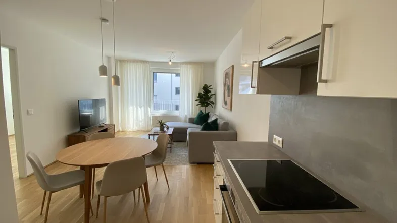 Moderner offener Wohn-Essbereich mit integrierter Küche, Holzboden und Zugang zum Balkon.