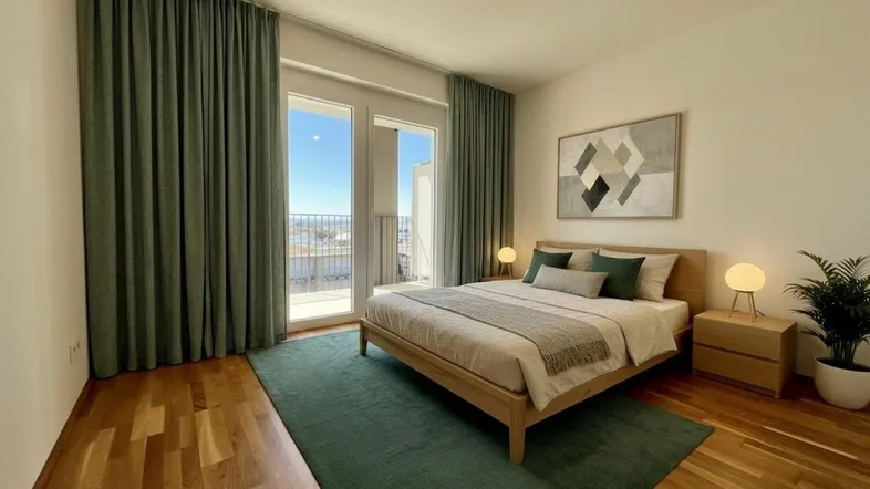 Helles Schlafzimmer mit Holzboden, Balkonzugang und modernen Vorhängen, ausgestattet mit einem Doppelbett.