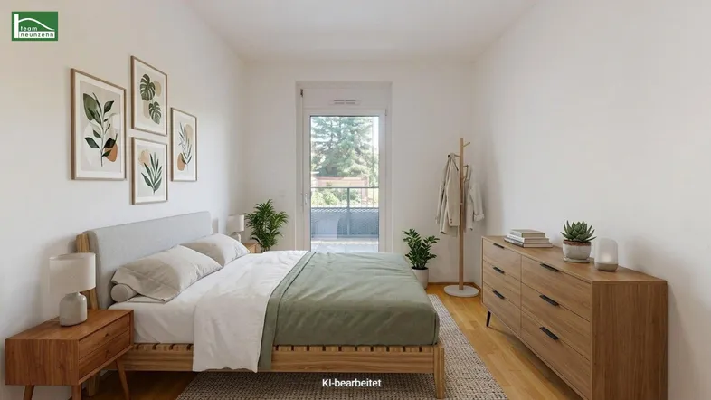 Modernes Schlafzimmer mit Holzbett, Parkettboden und Zugang zu einem Balkon.