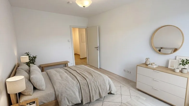 Virtuell inszeniertes Schlafzimmer mit hellem Holzboden, weißen Wänden und modernem Mobiliar.