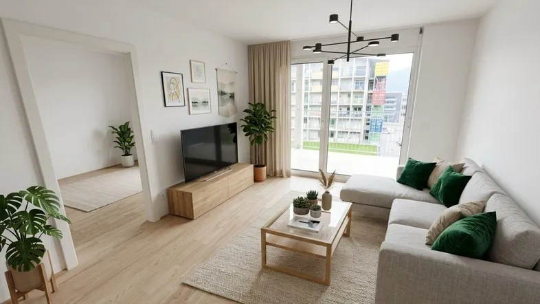 Helles, modern eingerichtetes Wohnzimmer mit Holzboden, bequemer Couch und Zugang zum Balkon.