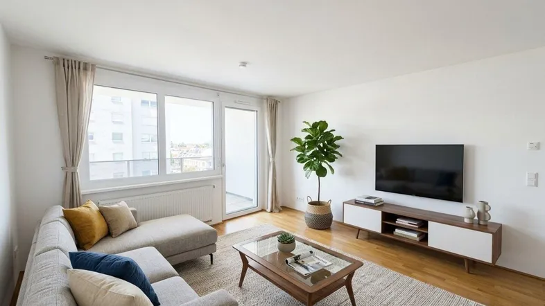 Helles Wohnzimmer mit modernem Sofa, Fernseher und Zugang zu einem Balkon, künstlich eingerichtet.