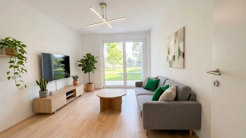 Helles, modern eingerichtetes Wohnzimmer mit Holzboden, Sofa und Zugang zum Garten.
