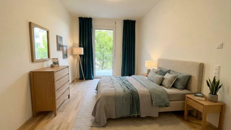 Helles Schlafzimmer mit Holzboden, modernem Bett und Zugang zu einem Balkon.