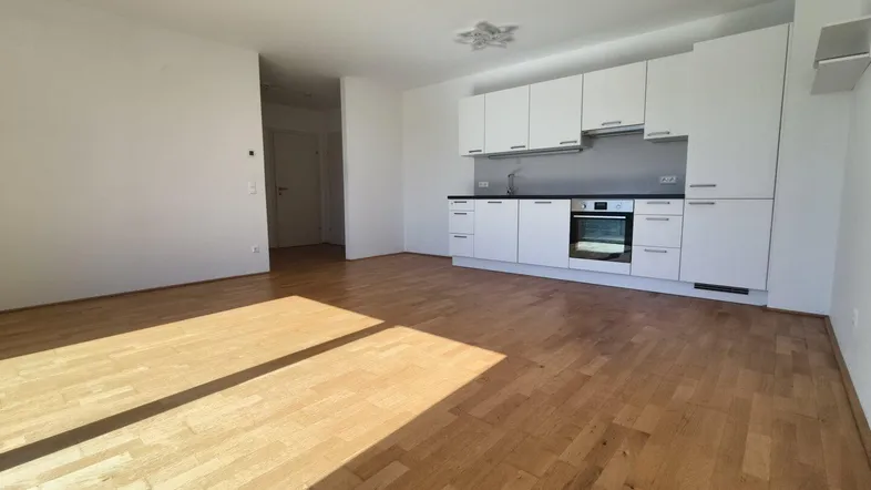 Heller offener Wohnbereich mit integrierter Küche und Holzboden, durchflutet von natürlichem Sonnenlicht.