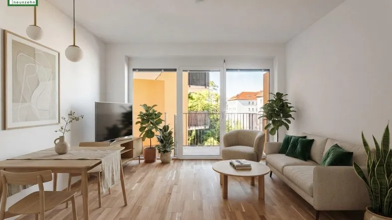 Helles, KI-bearbeitetes Wohn-Esszimmer mit Holzboden, modernen Möbeln und Zugang zum Balkon.