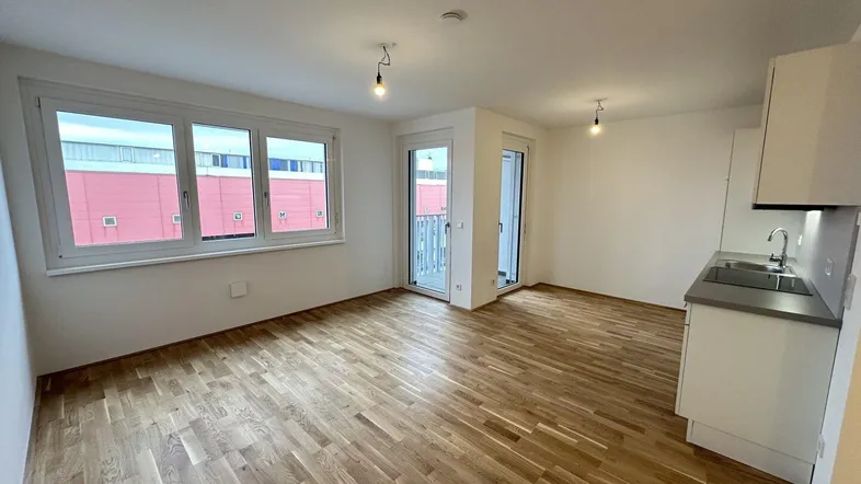 Heller offener Wohnbereich mit integrierter Küchenzeile, Parkettboden und Zugang zum Balkon.
