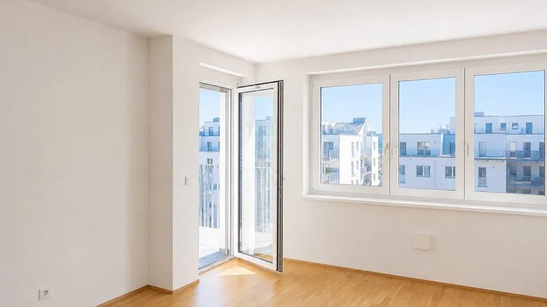 Helles, leeres Zimmer mit Parkettboden und Zugang zu einem Balkon, bietet viel Tageslicht.