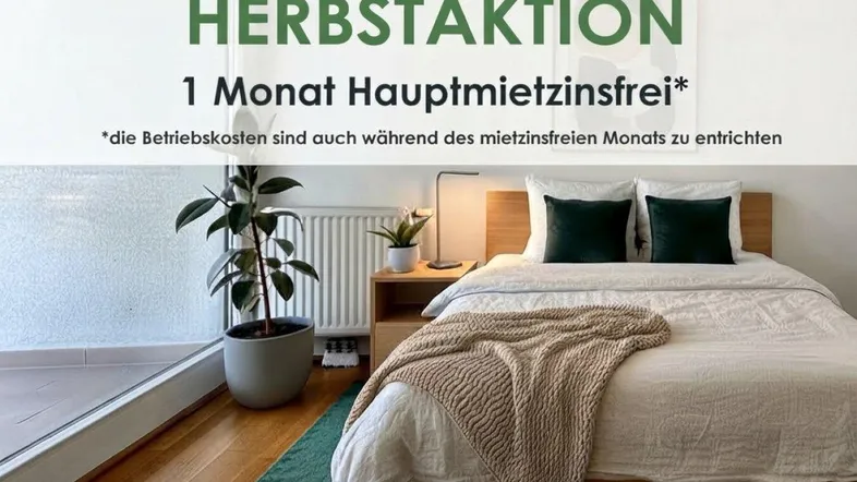 Helles Schlafzimmer mit modernem Holzbett, Nachttisch, Pflanzen, Heizkörper und großem Fenster mit Holzboden.