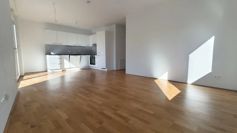 Heller offener Wohnbereich mit integrierter Küche, Parkettboden und viel natürlichem Licht.