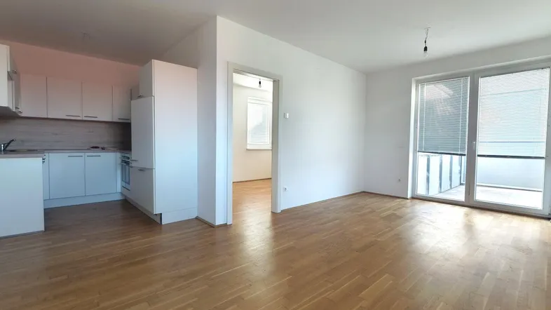 Heller offener Wohnbereich mit integrierter Küche, Parkettboden und Zugang zum Balkon.