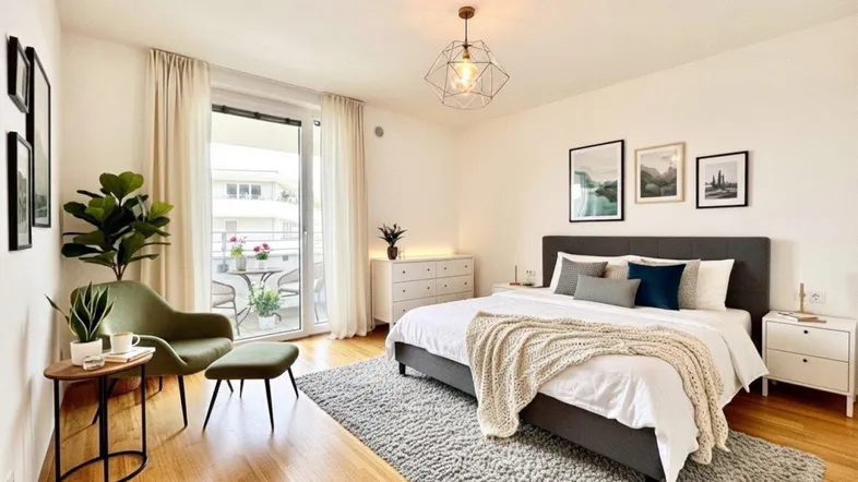 Helles Schlafzimmer mit Holzboden, modernem Bett und Zugang zu einem möblierten Balkon.